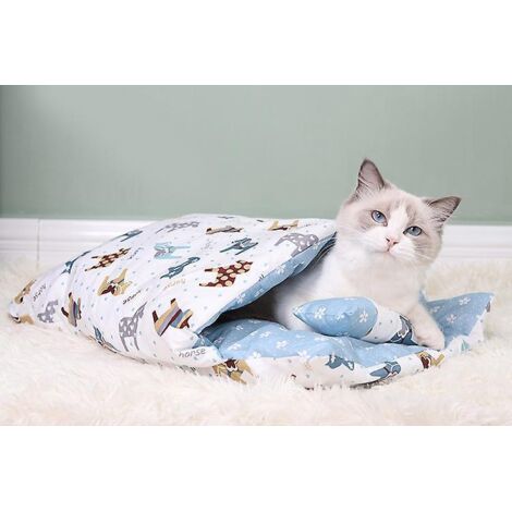 sac De Couchage D'hiver Pour Chat - Bleu, Grotte  Chat Amovible Et Lavable, Coussin Chauffant Pour Chat, Lit De Litire Pour Chats Et Chiens