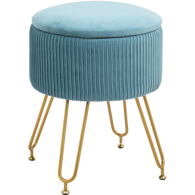 Pouf coffre style Art déco - piètement épingle acier doré assise velours bleu clair