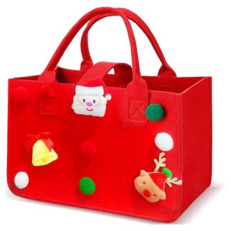 Sac de Courses Cabas, 30 20 18 cm Panier a Courses avec Poignée, Rectangulaire Corbeille Feutre avec Anse, Sac de Courses Reutilisable pour Journaux (Xmas Rouge)