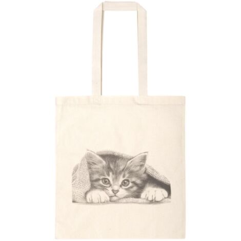 Sac de courses en coton à longues anses, 37x41 cm, écologique et élégant, imprimé d'un chat sous une couverture.
