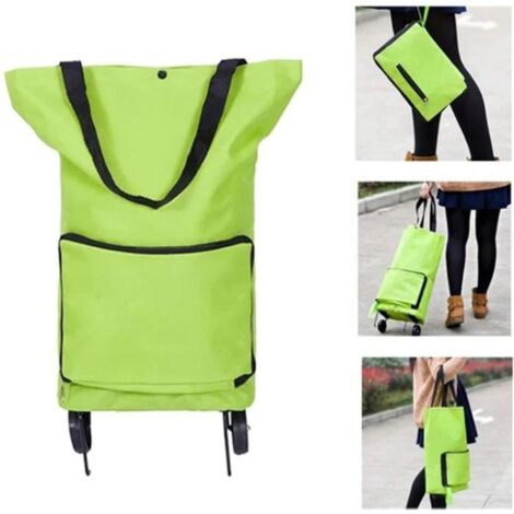 Sac de Courses Pliable Chariot 2 en 1 - Tissu Oxford 600D - Vert - Dimensions 55x28x18 cm