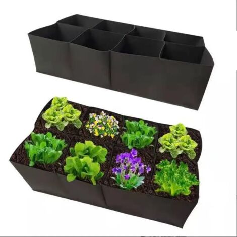 Sac de culture (180 x 90 x 30 cm, 8 poches) en feutre multi-compartiments pour jardinage, idéal pour la plantation de légumes, tomates et pommes de terre.