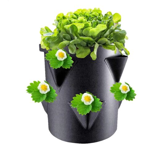 Sac de culture pour fraisiers (noir) avec 6 poches latérales, sac de culture portable en tissu, pot de jardin de 7 gallons