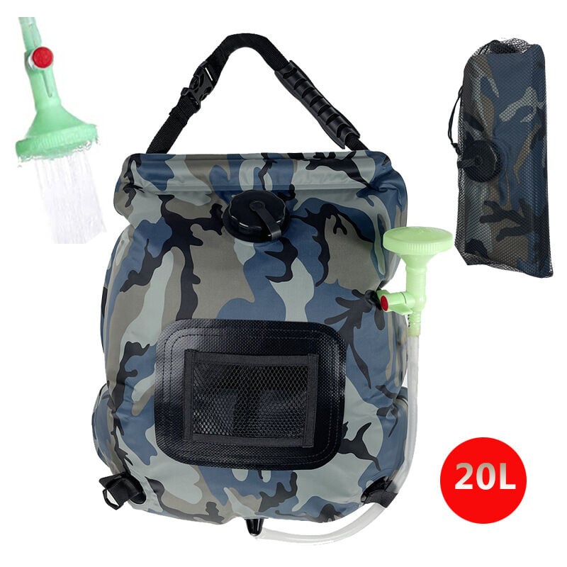 Sac de Douche de Camping Portable 20L - Sac de Douche Solaire Chauffant Pliable avec Tuyau et Pomme de Douche Détachables, pour Camping, Randonnée,
