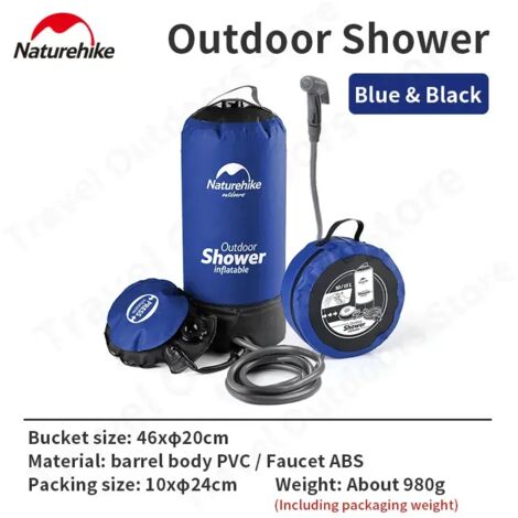 Sac de douche d'extérieur (bleu et noir) 11 L, grande capacité, en PVC ultraléger et portable, avec embout. Idéal pour le camping et la randonnée.