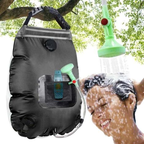Sac de douche solaire, 20 litres, avec chauffage solaire, pour le camping Tuyau amovible, pommeau marche/arrêt, douche de voyage, douche portable，noir