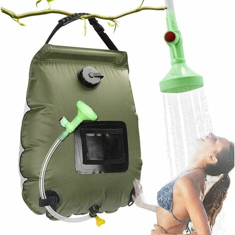 Sac de Douche Solaire Camping, Solaire Sac de Douche Portable, 20L Extérieur Sac à Eau Pliable avec Commutable Tête de Douche Chauffe Eau Solaire pour Randonnée Escalad（Armée verte）