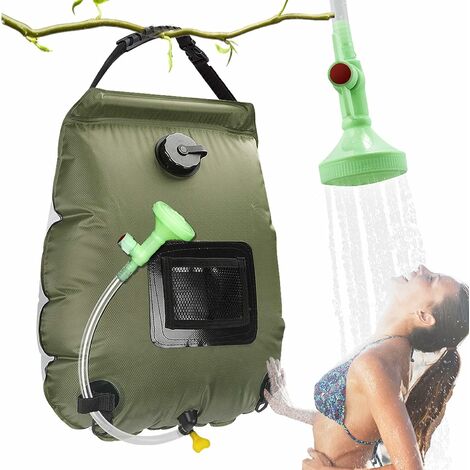 Sac de Douche Solaire Camping, Solaire Sac de Douche Portable, 20L Extérieur Sac à Eau Pliable avec Commutable Tête de Douche Chauffe Eau Solaire pour Randonnée Escalad（Armée verte） LO-Ron