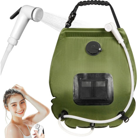 Sac de douche solaire de camping – 20 L (5 gal) avec tuyau et pommeau améliorés, douche portable à chauffage solaire pour camping et plein air