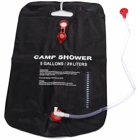 Sac de douche solaire, sac de douche de camping, 20 litres, sac de douche chauffant avec tuyau amovible, pommeau de douche commutable (noir)