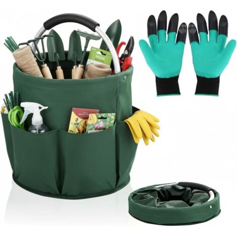 Sac de jardinage pliable 17L avec 6 poches extérieures, sac à outils étanche/panier de rangement/organisateur pour jardin, maison, camping et pique-nique, avec gants de jardinage