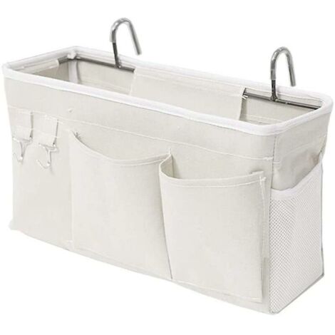 Sac de lit organisateur de lit avec crochets poche suspendue sac de rangement de lit mezzanine pour livre, magazine, téléphone portable, rangement de lit pour écouteurs (blanc)