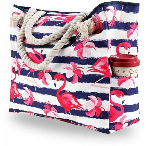 Sac de plage extra large pour femme, fourre-tout en toile surdimensionn��e ��tanche au sable avec poches pour la natation, le yoga, la piscine, les accessoires de voyage en famille, les fournitures de vacances, le flamant rose tropical hawa?en