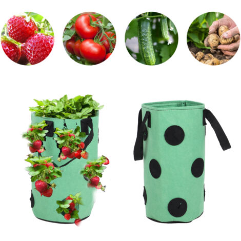 Sac de plantation en feutre pour fraises, 12 trous avec anses, portable et réutilisable - 20x35cm vert, pour jardin, balcon et plantes