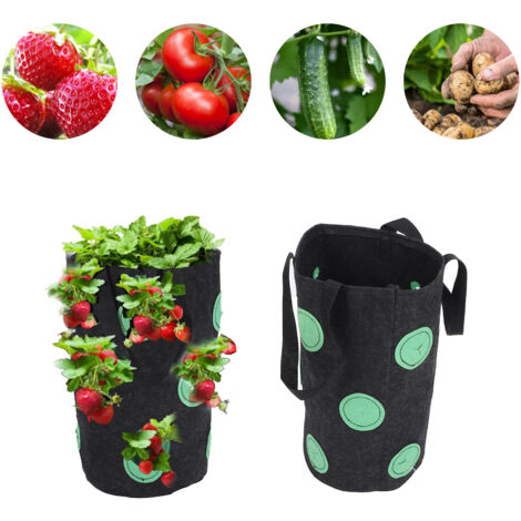 Sac de Plantation Felt 12 Troux Portable Mano avec Poignées Noir 20x35cm Sac de Culture pour Fraises Jardin