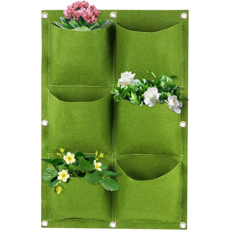 Sac de plante mural suspendu (vert), sac de culture en feutre vertical à 6 poches, sac de culture mural, sac de fleurs de jardin