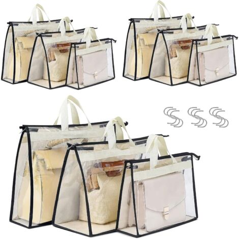 Sac de Protection pour Sac à Main - Non Tissé et PVC Transparent - 3 Tailles (S/M/L) - Fermeture Éclair - Lot de 9