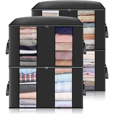 Sac de Rangement Couette en épais Non-tissé 4Pcs Sac de Boite Rangement Grande Capacité avec Poignée Renforcée pour Édredons Couvertures Oreillers Jouets Vestes Vêtements Noir