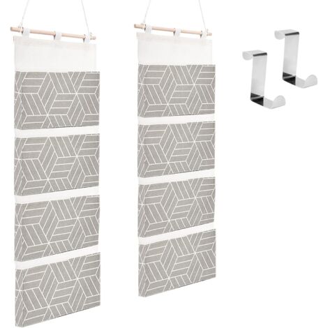 Sac de Rangement Étagère Suspendues sur Porte Pochette Tissu de Lin, Organisateur avec 4 Compartiment et Crochets pour Chambre Bureau Salle de Bain Garde-Robe (2 Pièces)
