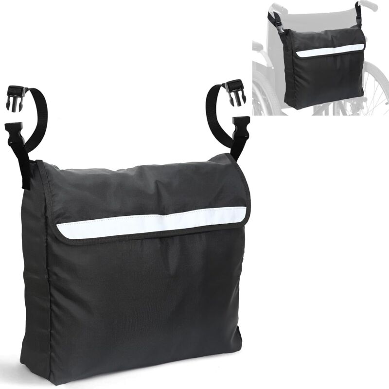 Sac de rangement pour fauteuil roulant en tissu Oxford imperméable avec bandes réfléchissantes - Grand format - Noir