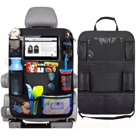 Sac de rangement pour siège auto - Sac de rangement pour voiture enfant - Avec support pour iPad - Idéal pour ranger boissons, goûters, jouets et magazines - Noir