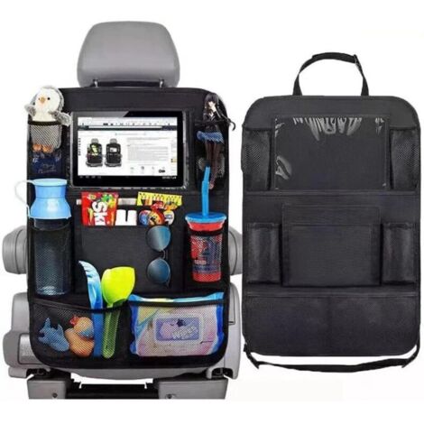 Sac de rangement pour siège auto - Sac de rangement pour voiture enfant - Avec support pour iPad - Idéal pour ranger boissons, goûters, jouets et magazines - Noir