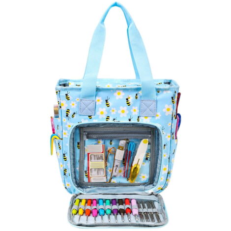 Sac de Rangement pour Tricot et Crochet avec Fermeture Zippée, Motif Abeilles et Fleurs Sauvages
