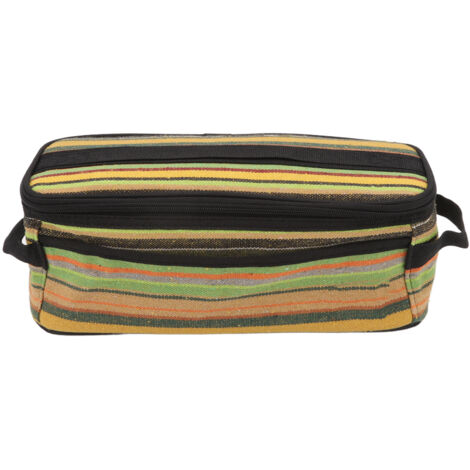 Sac de rangement pour ustensiles de cuisine de camping, style ethnique, en toile à rayures vertes, idéal pour les voyages en plein air.