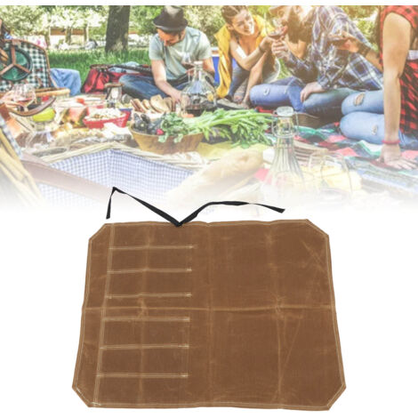 Sac de rangement pour ustensiles de cuisine en toile portable pour camping BBQ voyage noir Khaki