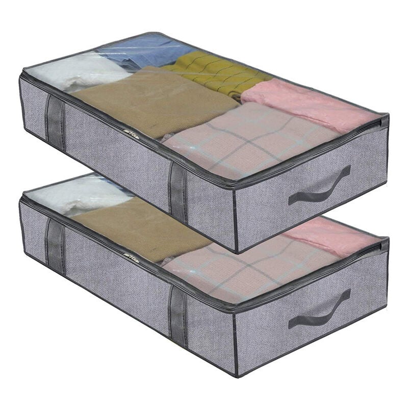 Sac de Rangement sous Lit Lot de 2, Closet Organizer Sac Souple, Pliable, pour Ranger Les vêtements, Couettes, 100 x 50 x 15 cm, Gris Lin Fei Yu