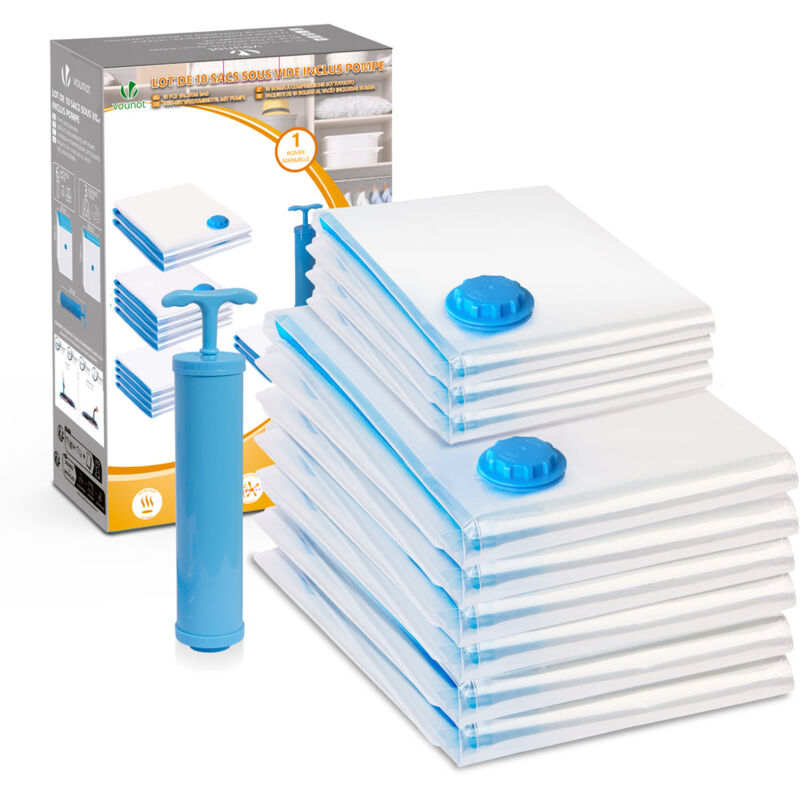 VOUNOT® Lot de 10 sacs de rangement sous vide - 9 sacs compression, 1 pompe - réutilisables, économie d'espace 80%
