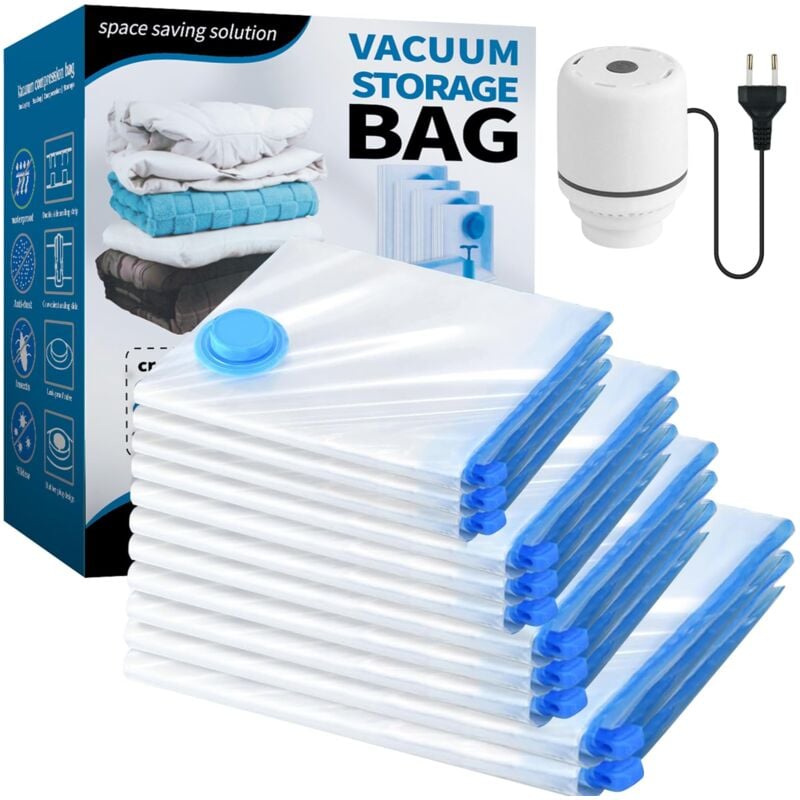 Sac de Rangement Sous Vide et Pompe Électrique, lot de 11 (2 jumbo, 3L, 3M, 3S), Sac Compression Rangement Voyage, Literie Oreillers Couette Penderie
