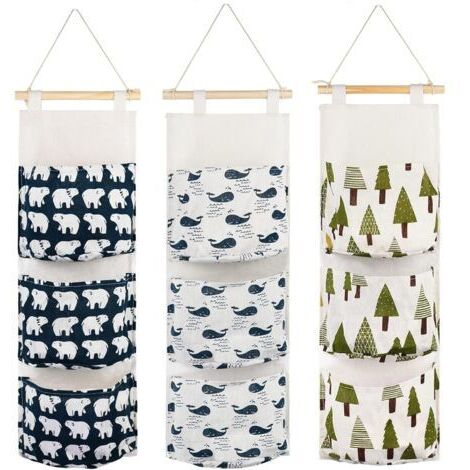 Sac de rangement suspendu 3 pièces avec 3 poches en tissu de qualité supérieure étagère murale panier sac de rangement organisateur pour chambre salle de bain cuisine - étanche et élégant (ours/arbre/