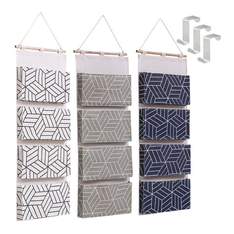 Sac de Rangement Suspendu 3 Pièces Organisateur Suspendu sur Porte Tissu de Lin Pochette de Rangement avec 4 Compartiment et Crochets,80303cm