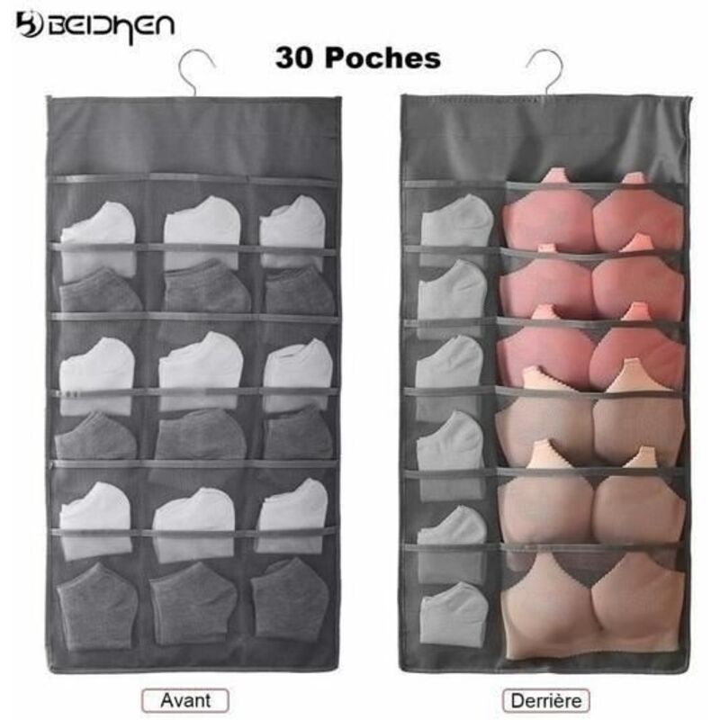 Sac de rangement suspendu à deux côtés pour penderie pour Sous-vêtements,Chaussettes avec support solide en métal(Gris, 30 poches)