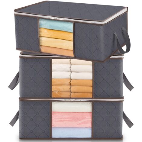 Sac de Rangement Vetement, Boîte de Rangement sous lit Pliable, Housse Rangement, Organisateur de Placard pour Couettes, Couvertures, Gris, 35 L, Lot de 3