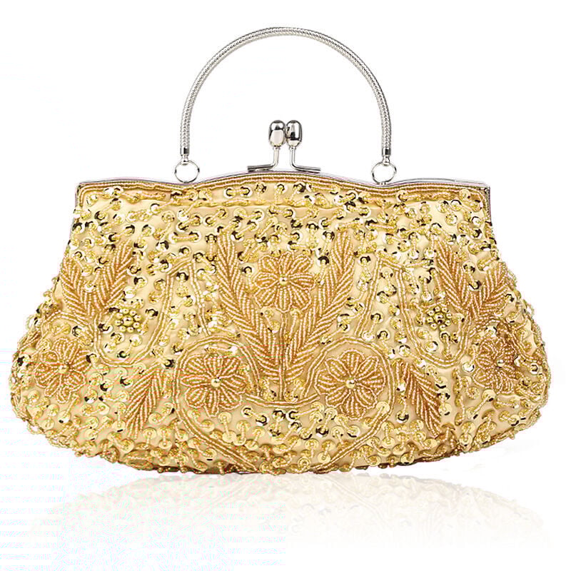 Sac de soirée de créateur floral avec paillettes et perles - Pochette vintage en satin avec fermoir à baiser - Pochette de fête de mariage