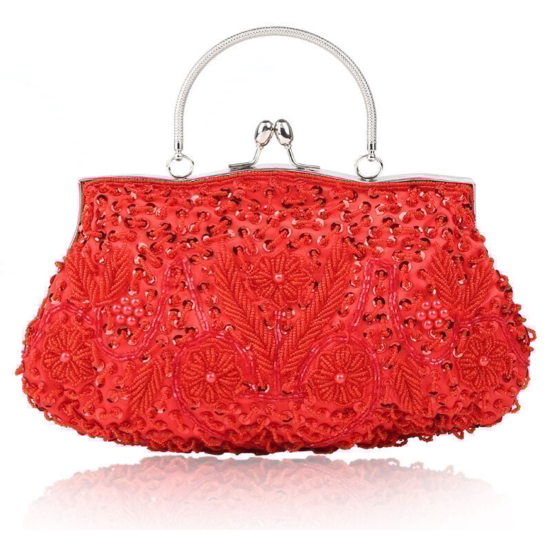 Sac de soirée de créateur floral avec paillettes et perles - Pochette vintage en satin avec fermoir à baiser - Pochette de fête de mariage