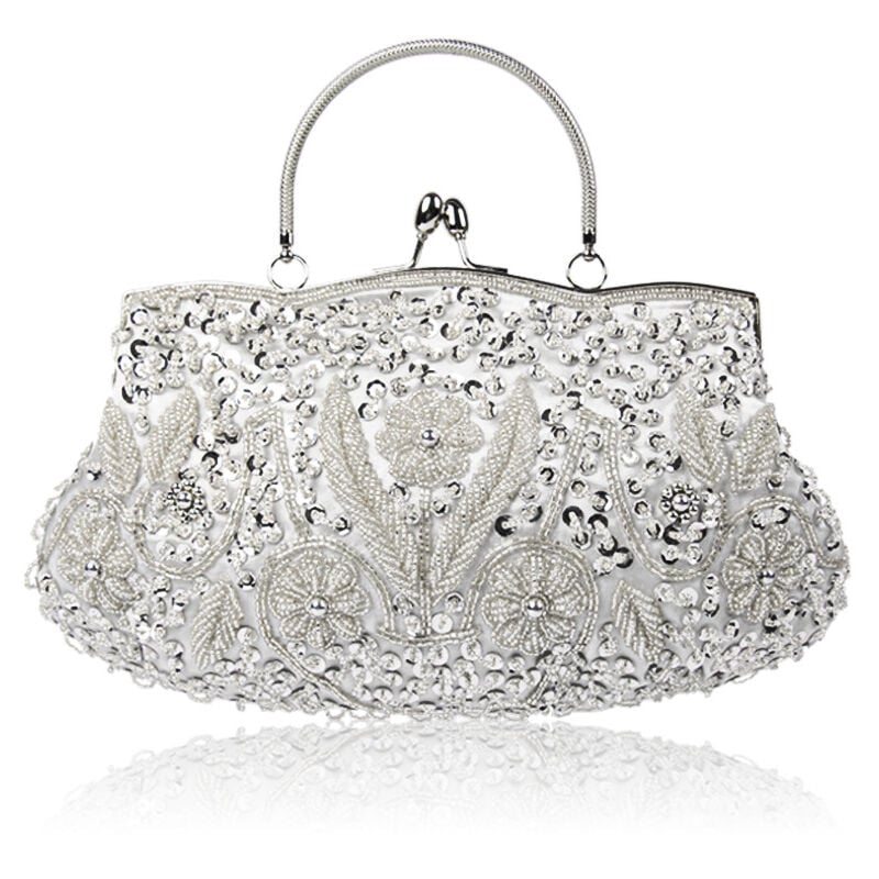 Sac de soirée de créateur floral avec paillettes et perles - Pochette vintage en satin avec fermoir à baiser - Pochette de fête de mariage