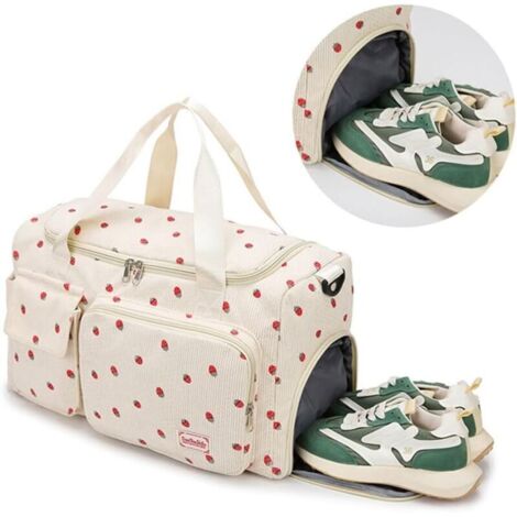 Sac de sport fraise fille, velours côtelé, compartiment chaussures, poche imperméable. Idéal voyages & week-ends. Blanc, décontracté.
