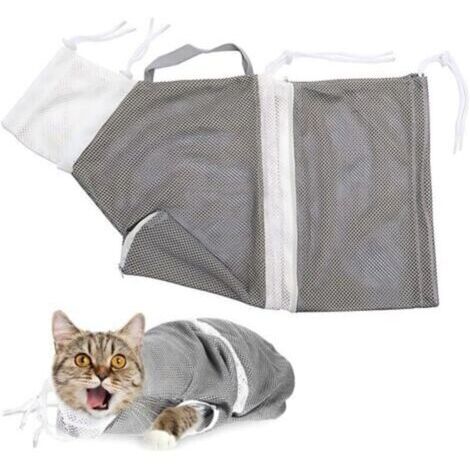 Sac de toile pour chat, lot de 1, matière polyester-nylon, dimensions 60x30cm, filet de bain réglable pour sécurité et facilité lors du toilettage, couleur gris et blanc.