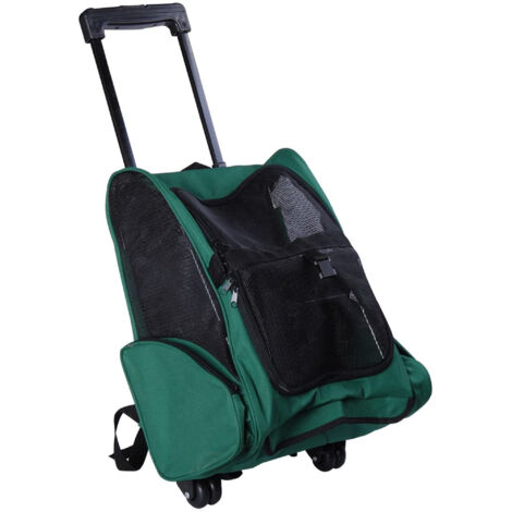 Sac de transport 2 en 1 pour chien et chat, avec poches latérales, poignée télescopique et roues, 42x25x55cm, vert