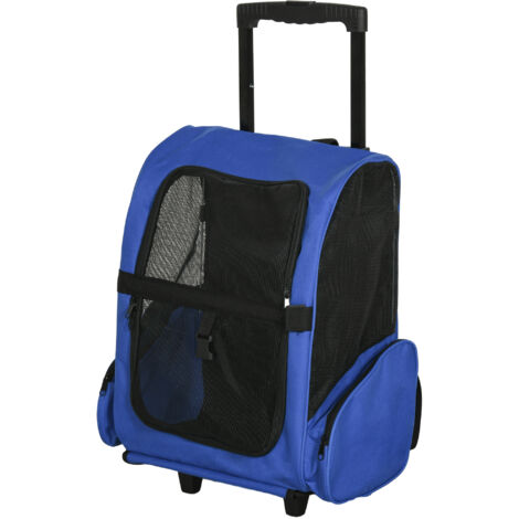 Sac de transport à roulettes pour chien et chat 2-en-1, trolley-chariot bleu avec poignée télescopique, 42x25x55 cm, aérations et attache de sécurité