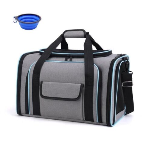 Sac de Transport Chat Chien Extensible Pliable Portable en Oxford Respirant Avec Matelas en Peluche Amovible et Bol - Bleu