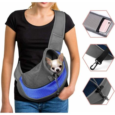 Sac de Transport Chien Sac à Bandoulière pour Chat Chiot Réglable Sac de Voyage pour Petits Animaux Sac à Main Chien avec Pochette en Filet Respirant Bleu -Versailles