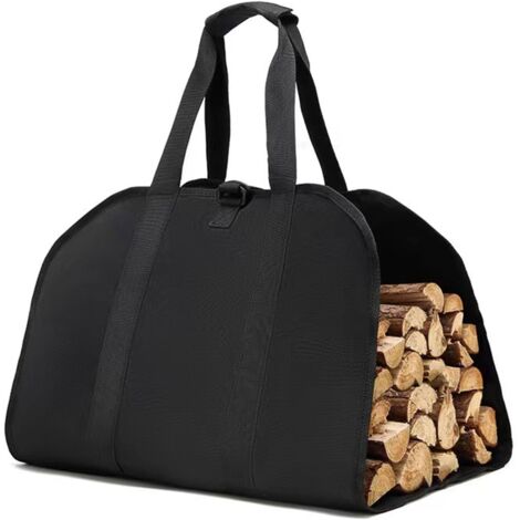 Sac de transport en toile (noire) pour le transport portable du bois de chauffage, adapté au camping et à l'utilisation dans une cheminée