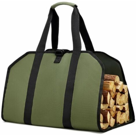 Sac de transport en toile (verte) pour le transport portable du bois de chauffage, adapté au camping et à l'utilisation dans une cheminée.