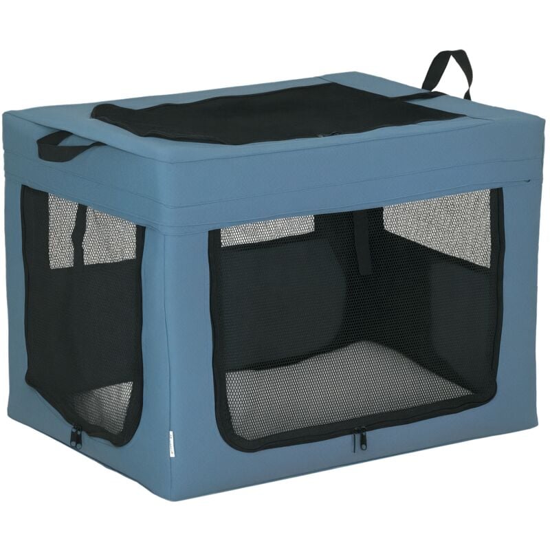 Pawhut - Sac de transport pliable pour chien chat - 2 poignées, 3 portes - dim. 69L x 51l x 51H cm - acier polyester bleu