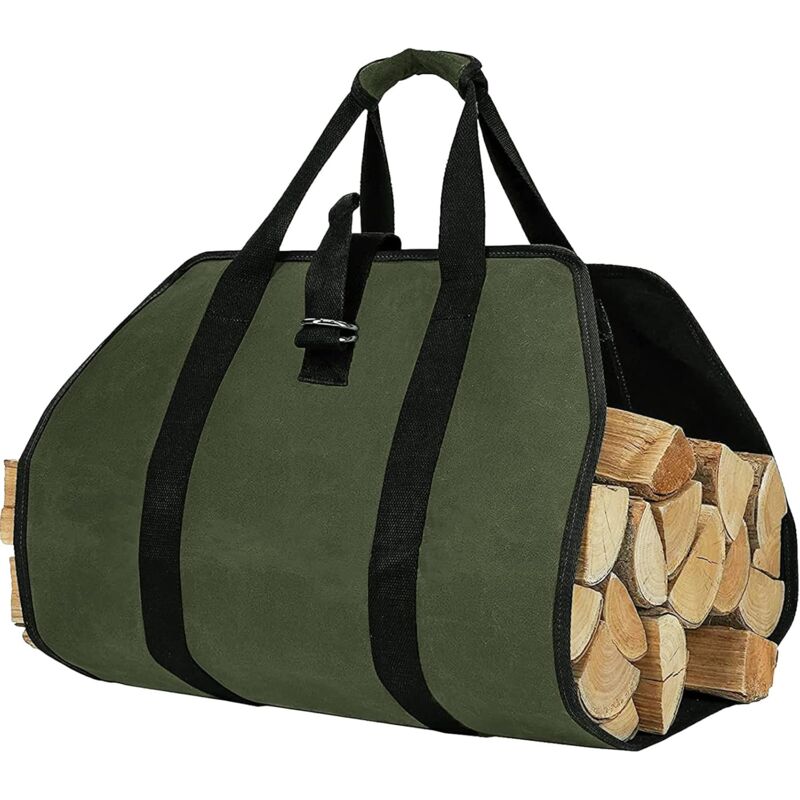 Sac de Transport pour Bois de Chauffage (Vert), Toile Sac à Bûche Cheminée, Sac Transport Buches Résistant à Eau, Accessoires de Cheminée Pliables,