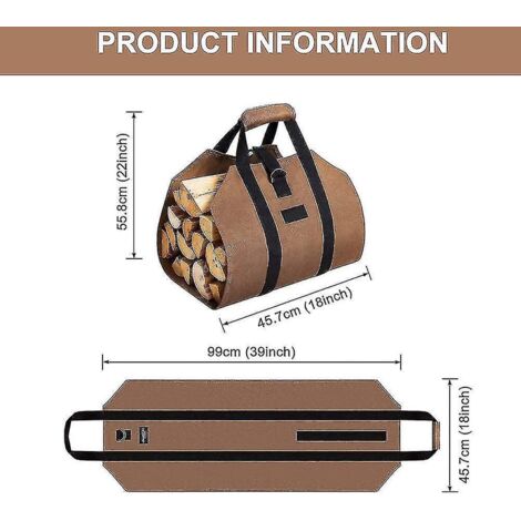 Sac de transport pour bûches, sac de transport pour bûches, sac de transport en toile, panier à bois portable pour cheminées, poêles à bois, bûches, camping, plage - 100 x 46 cm